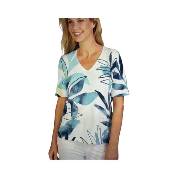 Rabe Sweaters - RABE LEAF PRINT KNITTED SHORT SLEEVE PULLOVER.